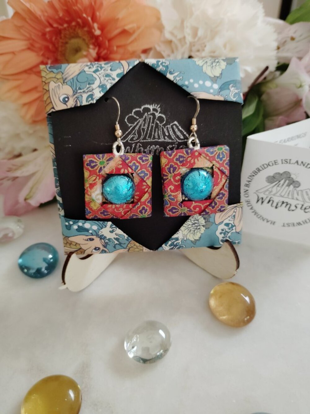 Red Origami Paper Earrings with Blue Murano Glass Cab, Handmade OAK - Picture 4 of 6